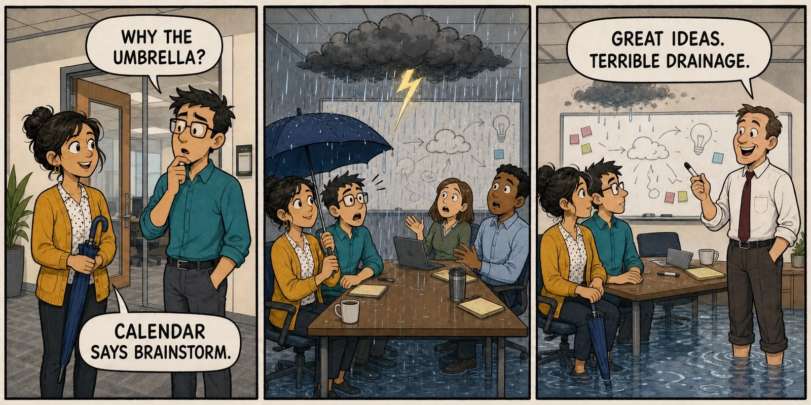 Three-panel office comic in which Maya brings an umbrella to a brainstorm meeting, a rain cloud forms over the conference table, and the manager praises the ideas but criticizes the drainage.