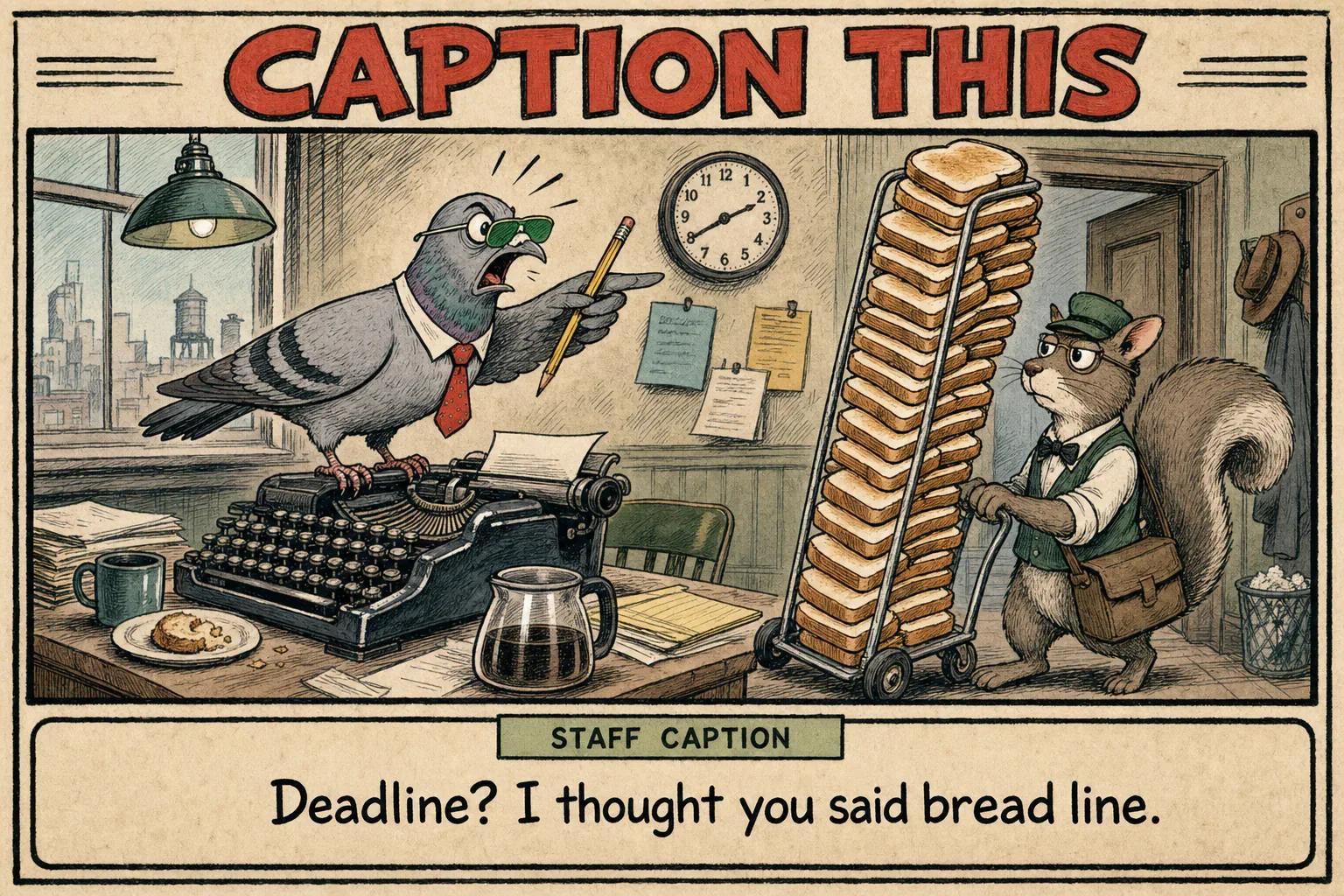 Vintage newspaper cartoon of a pigeon editor pointing from a typewriter at a squirrel delivery worker pushing an improbably tall cart of toast.
