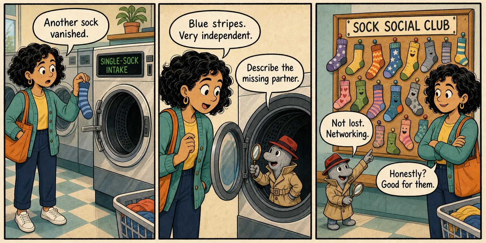 Three-panel newspaper comic in which Nia meets a tiny sock detective who explains that missing socks are attending a social club.