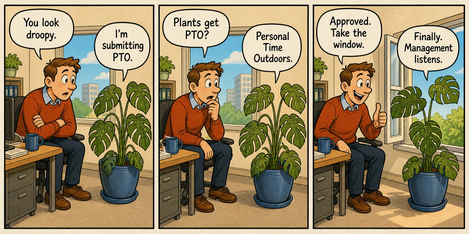 Three-panel newspaper comic in which an office worker approves a monstera plant's request for personal time outdoors.