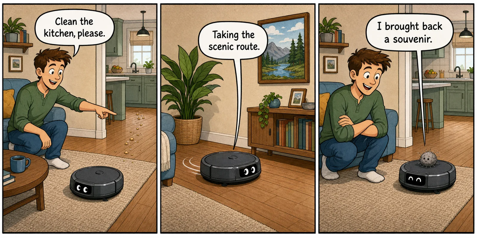 Three-panel comic in which a robot vacuum takes a scenic route through the house and brings back a dust bunny as a souvenir.
