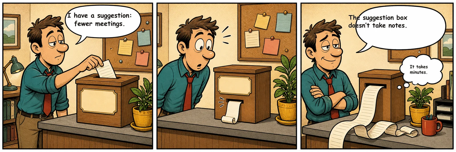Three-panel fictional comic strip: an office worker asks a suggestion box for fewer meetings; the box prints a long receipt; he realizes the box takes minutes.