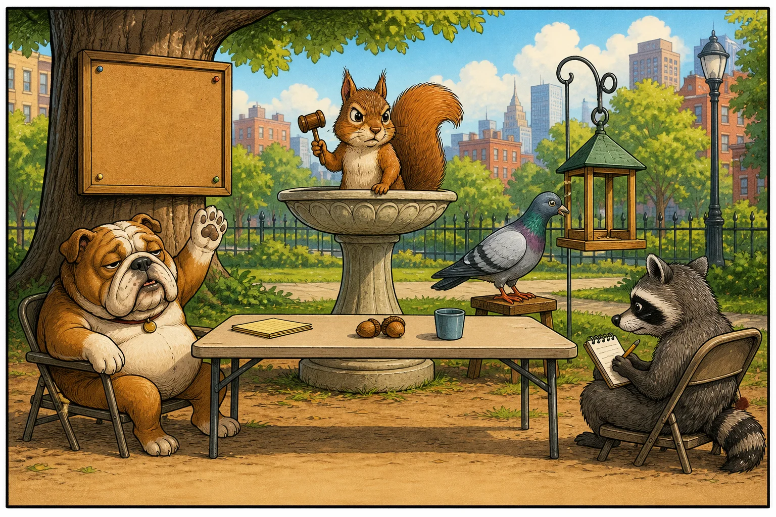 A squirrel presides over a tiny park committee meeting while a bulldog raises a paw, a pigeon studies a bird feeder and a raccoon takes notes