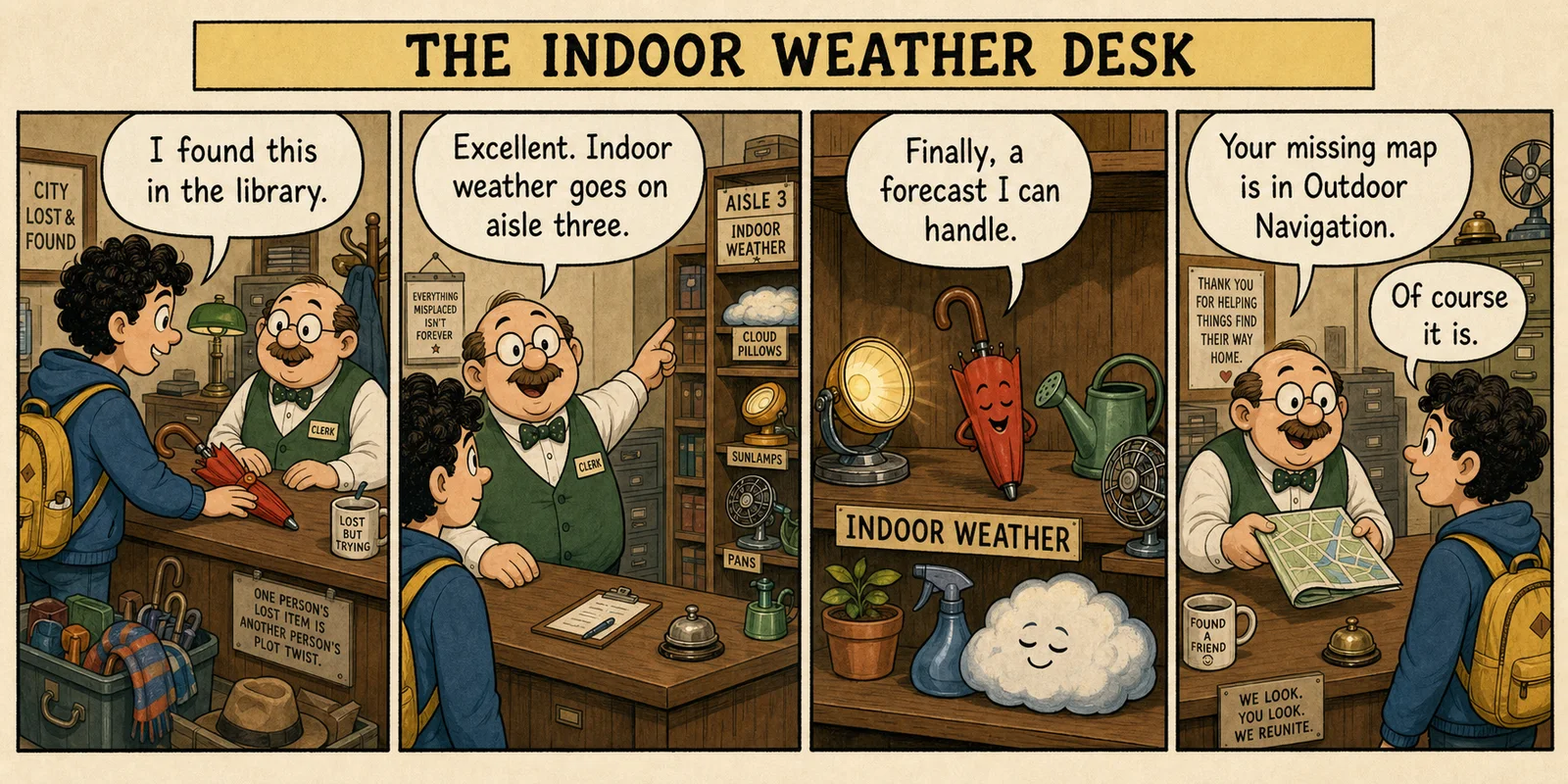Four-panel fictional newspaper comic: a visitor returns a red umbrella to a lost-and-found clerk, who directs it to an indoor-weather shelf before returning the visitor's map from outdoor navigation.