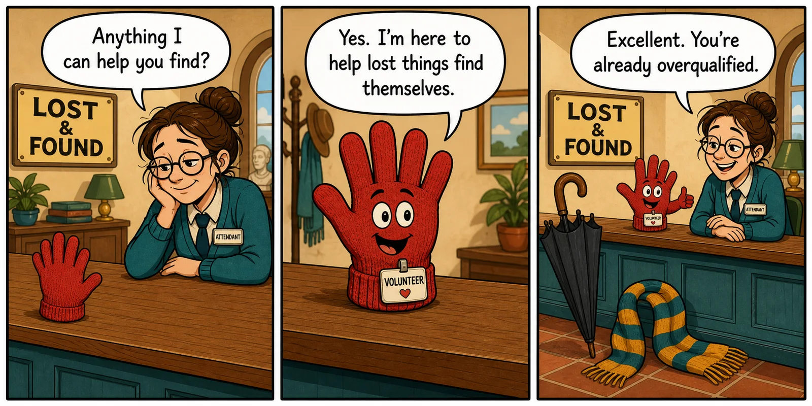 A three-panel fictional comic at a museum lost-and-found desk. An attendant asks a red glove what it needs; the glove says it helps lost things find themselves; an umbrella and scarf wait as the attendant calls the glove overqualified.