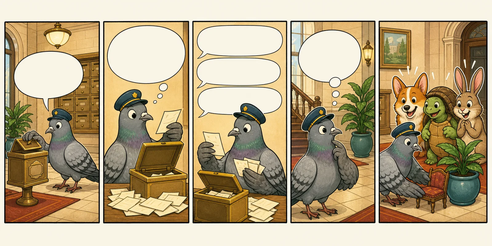 A five-panel original comic in which a pigeon building manager reads bizarre lobby suggestions and gives a potted plant a tiny chair while animal neighbors cheer.