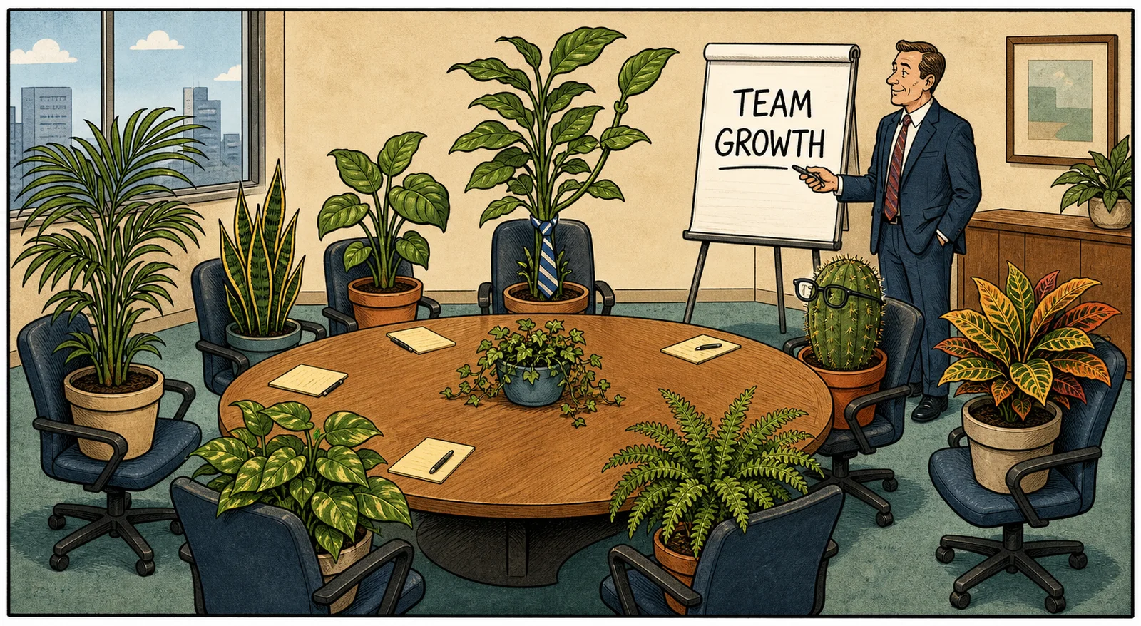 A manager presents a TEAM GROWTH chart to a conference table full of potted office plants, including a tie-wearing leafy plant and a cactus with reading glasses.