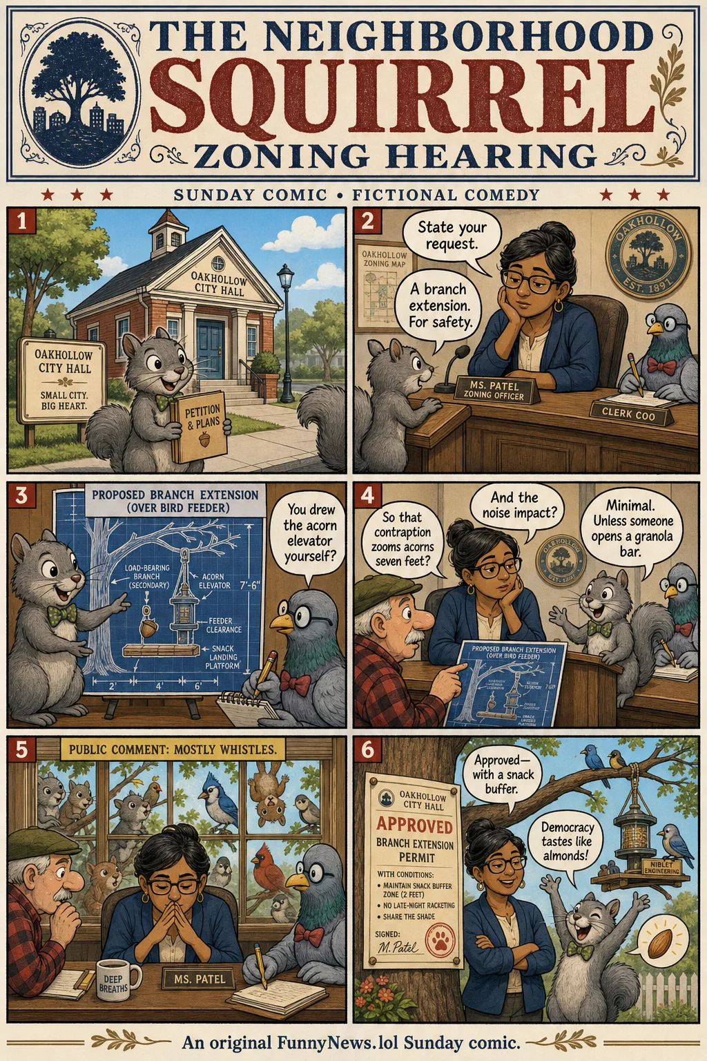 Six-panel Sunday newspaper comic in which squirrel Niblet petitions a neighborhood zoning officer for a branch extension over a bird feeder, then receives an approved permit with a snack buffer.