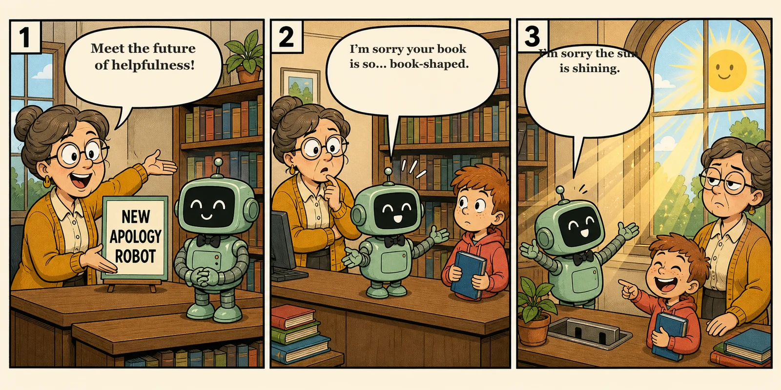 Three-panel newspaper comic in which a mint-green apology robot at a public library apologizes to a child and then to the sunshine.