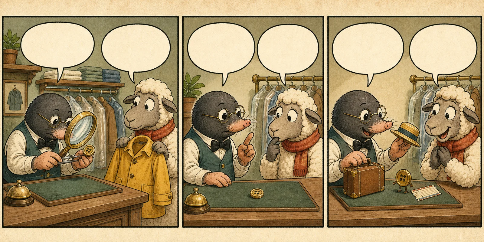 Three-panel fictional newspaper comic in a dry-cleaning shop: a mole inspects a sheep's loose coat button, asks for its address, then gives the button a tiny suitcase, hat, and travel ticket.