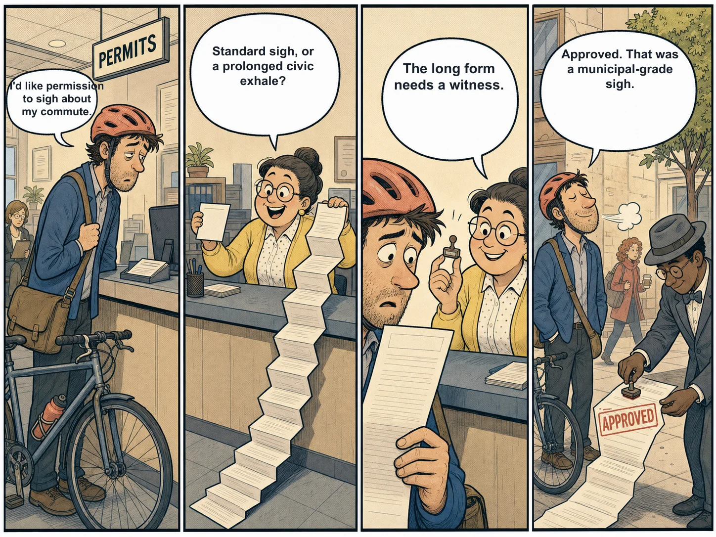 Four-panel fictional newspaper comic: a bicycle commuter asks for a permit to sigh, a cheerful city clerk produces an absurdly long form, and a passerby stamps the form approved after the commuter gives a large relieved sigh.
