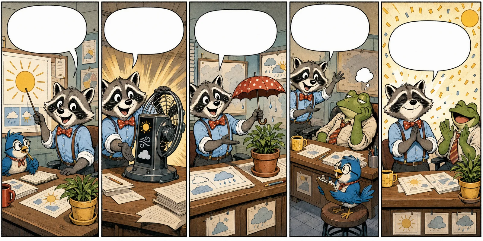 A five-panel original comic in which a raccoon meteorologist makes an ordinary pleasant forecast feel thrilling with a fan, a tiny umbrella, and office applause.