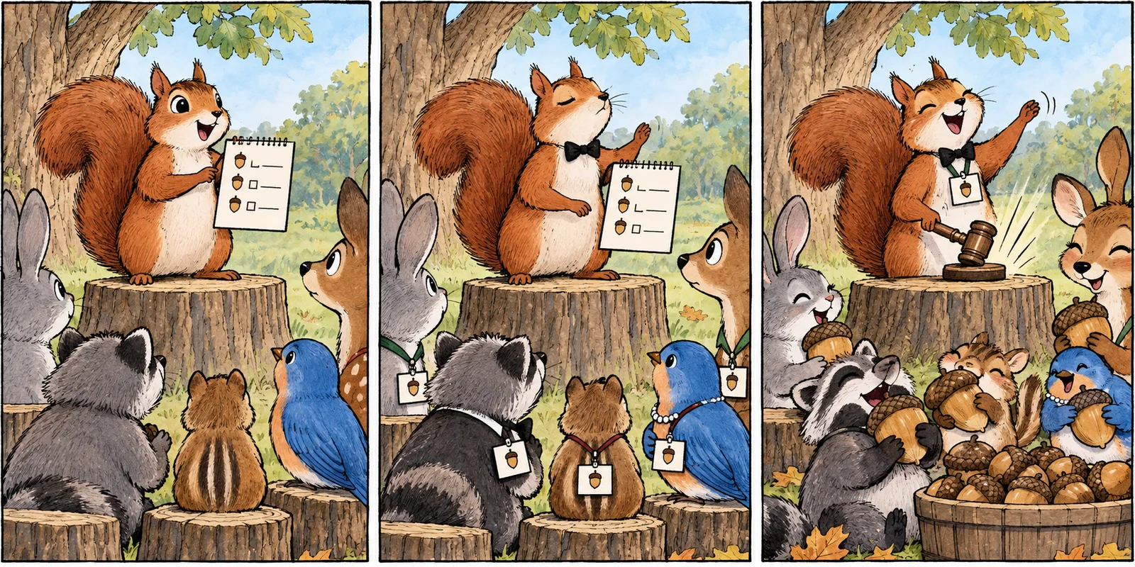 A squirrel presents an ambitious acorn agenda at a tiny meeting table.