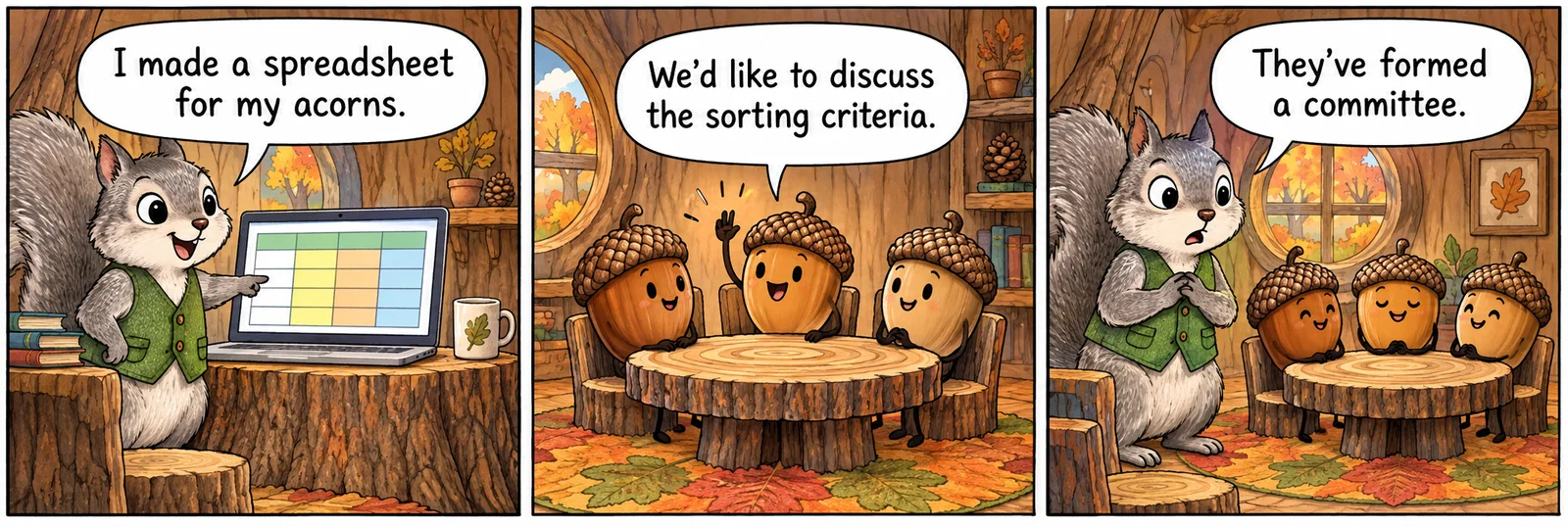 A squirrel presents an acorn spreadsheet as three acorns hold a committee meeting.