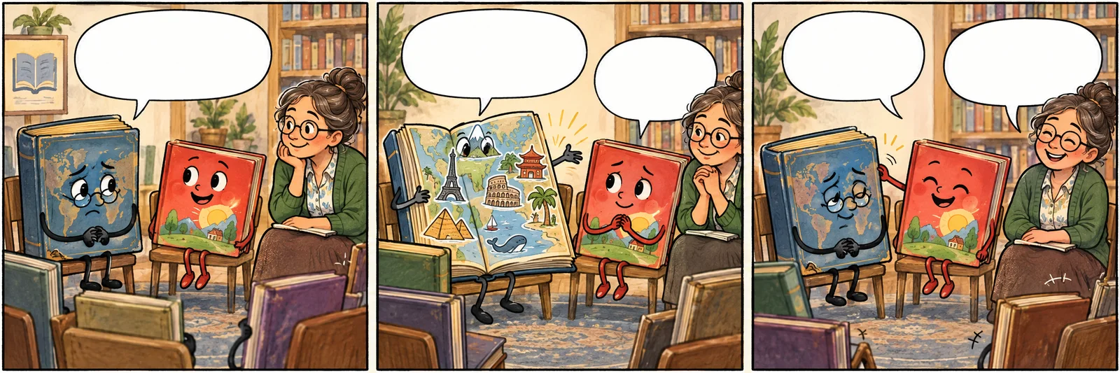 A blue atlas, a cheerful red picture book, and their librarian share a three-panel book-club scene in a cozy neighborhood library.