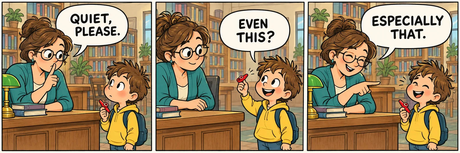 Three-panel comic of a librarian and child discussing a bright-red kazoo at a library desk