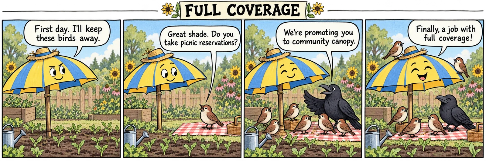 A yellow-and-blue garden umbrella begins as a scarecrow, then welcomes a sparrow and crow picnic before earning a promotion to community canopy.