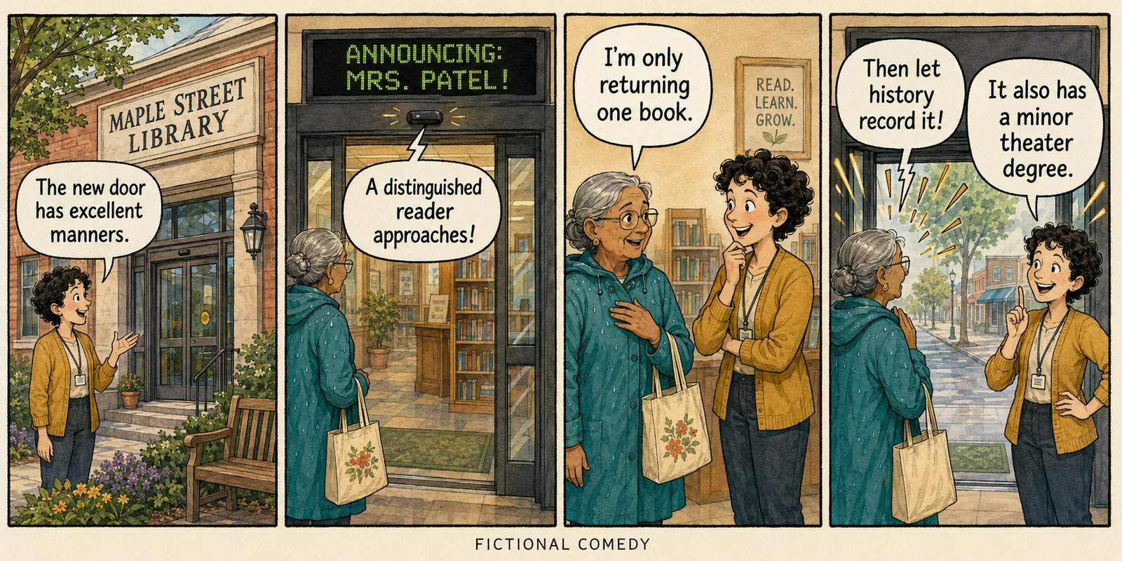 Four-panel fictional comedy strip: a cheerful Maple Street Library librarian watches a polite automatic door ceremonially announce a visitor returning one book.