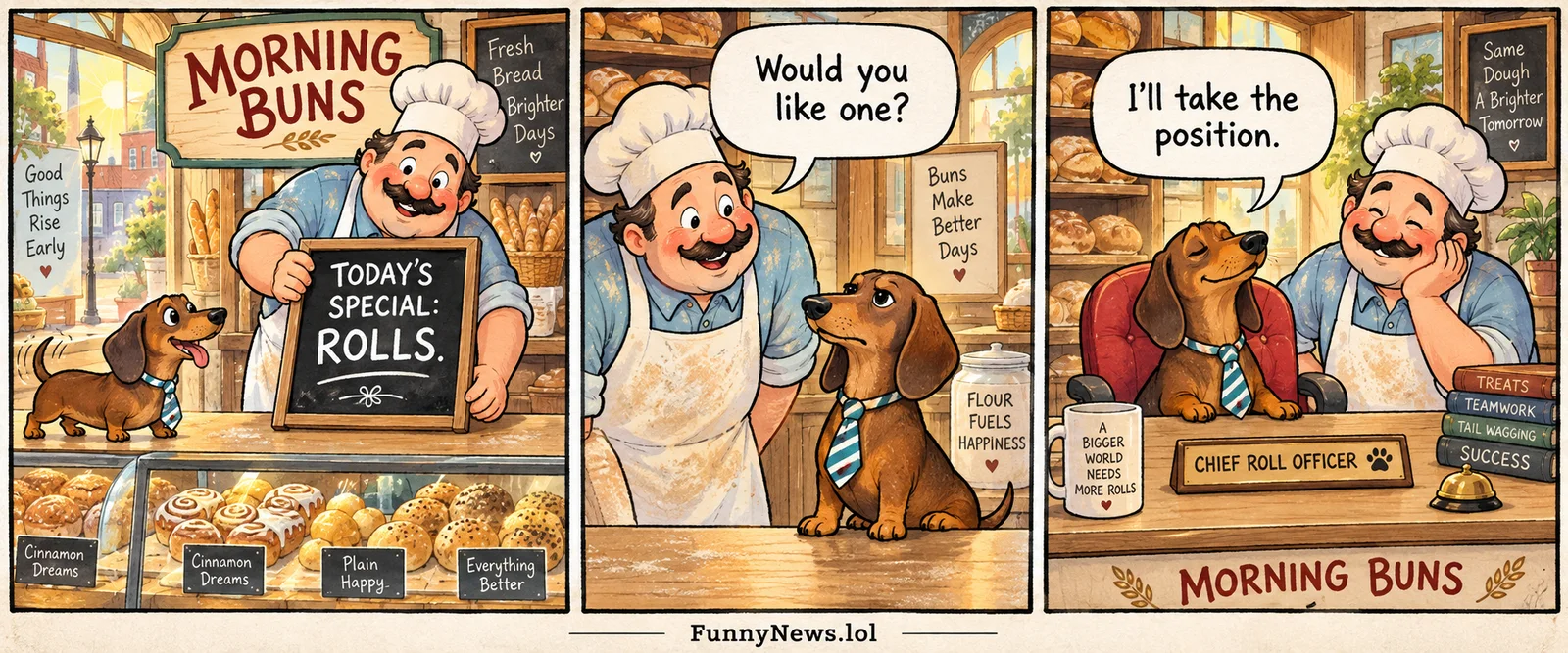 Three-panel comic in a warm bakery: a baker promotes rolls, then a dachshund in a striped necktie accepts a Chief Roll Officer position.