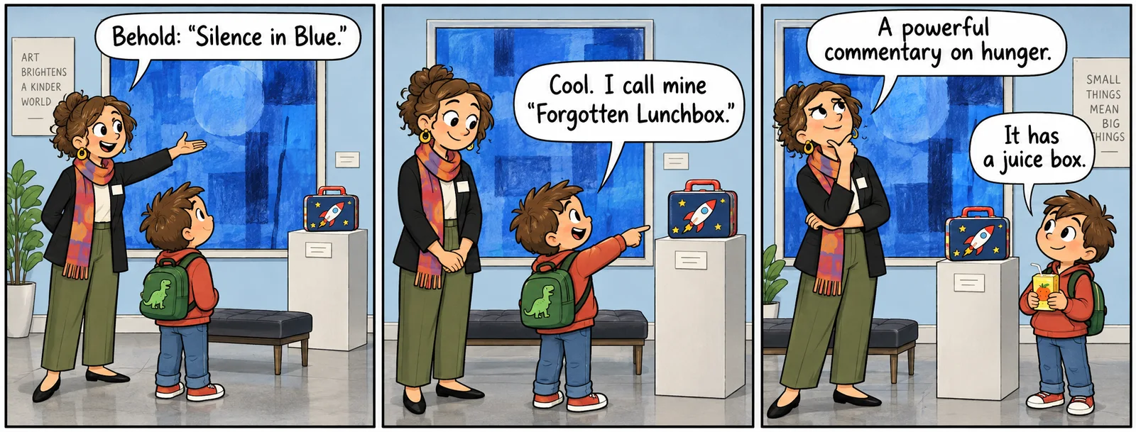 Three-panel original comic set in a blue-toned museum gallery. A curator presents a painting, a child names a lunchbox Forgotten Lunchbox, and the curator calls it a commentary on hunger while the child holds a juice box.