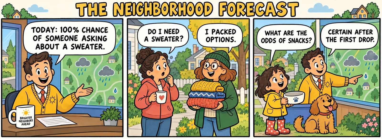 A cheerful fictional three-panel comic strip: a neighborhood meteorologist predicts questions about sweaters, a neighbor brings three sweater options, and a child asks when snacks are certain after the first raindrop.
