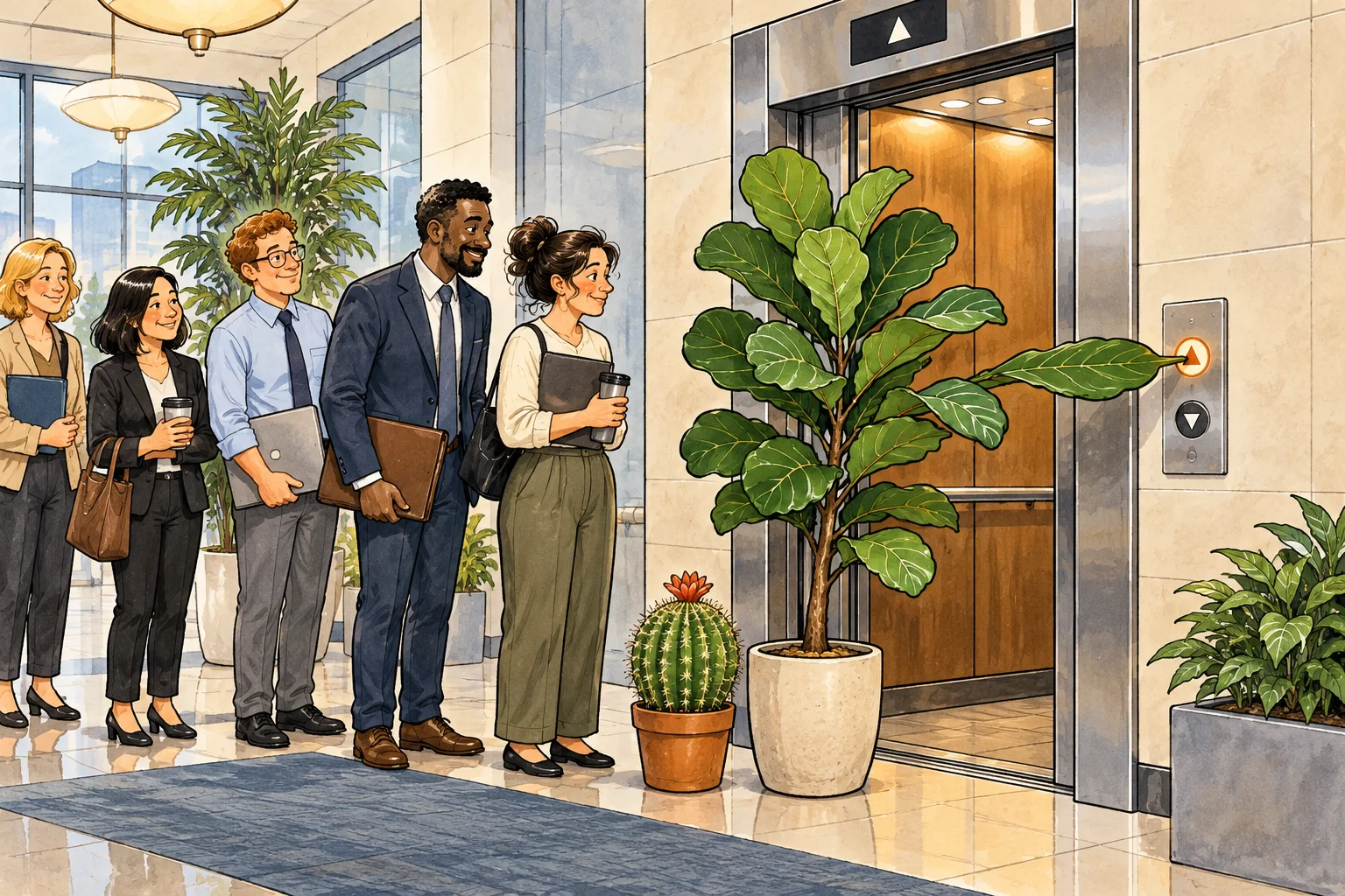 Editorial illustration of office workers sharing an elevator queue with a tall fiddle-leaf fig and a small cactus.