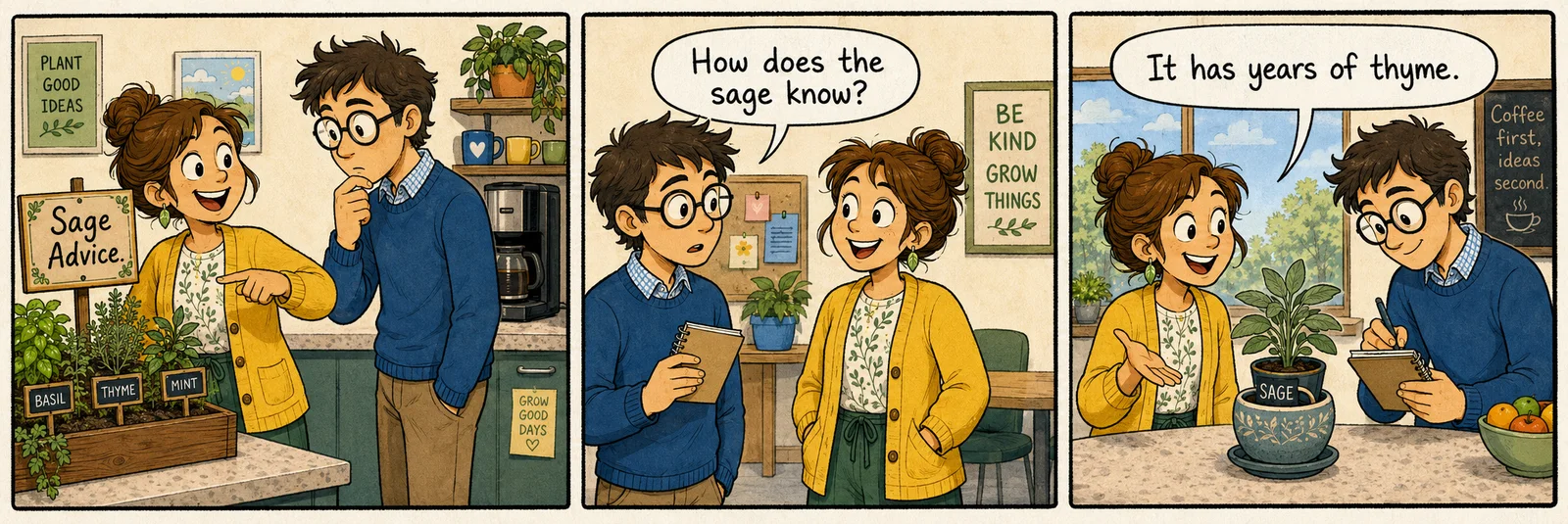 Three-panel comic strip showing June and Milo beside a sunny break-room herb garden. Milo asks how the sage knows, and June shares a cheerful thyme pun.