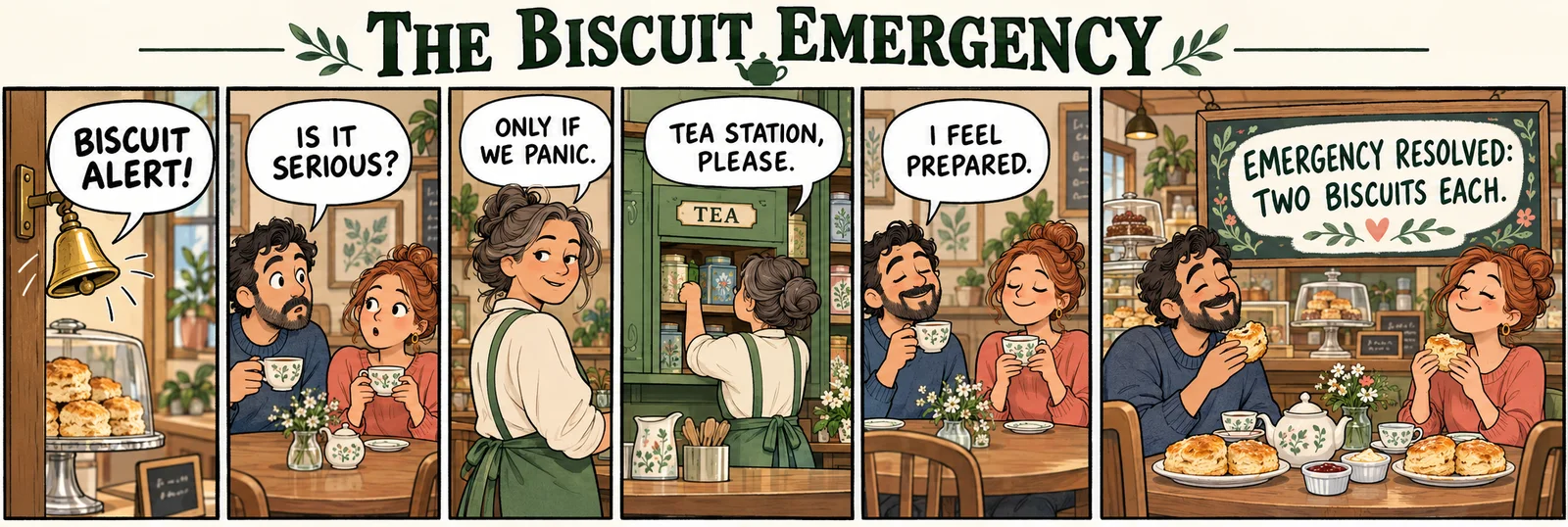 Six-panel original Sunday comic set in a tea shop: a brass bell announces a biscuit alert, two customers ask if it is serious, the proprietor opens the tea station, and everyone enjoys biscuits under a sign reading Emergency Resolved: Two Biscuits Each.