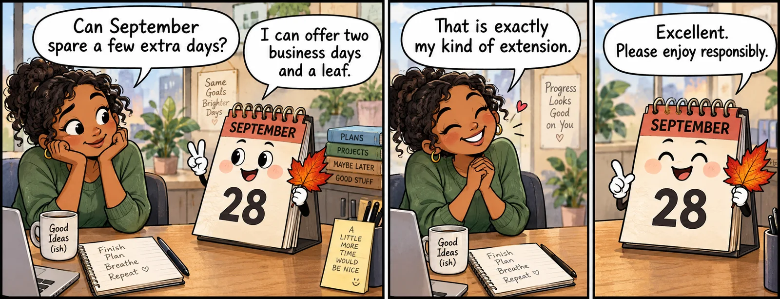 Three-panel comic: Nia asks a personified September desk calendar for extra days; the smiling calendar offers two business days and an autumn leaf; Nia accepts the small extension with delight.