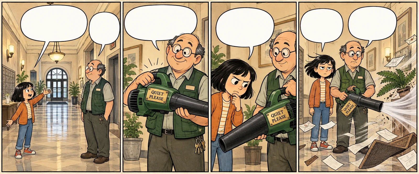 Four-panel fictional comic strip in which Vera and building manager Gus try to quiet an apartment lobby with a leaf blower bearing a tiny Quiet Please plaque; the blower sends papers and a potted fern flying.