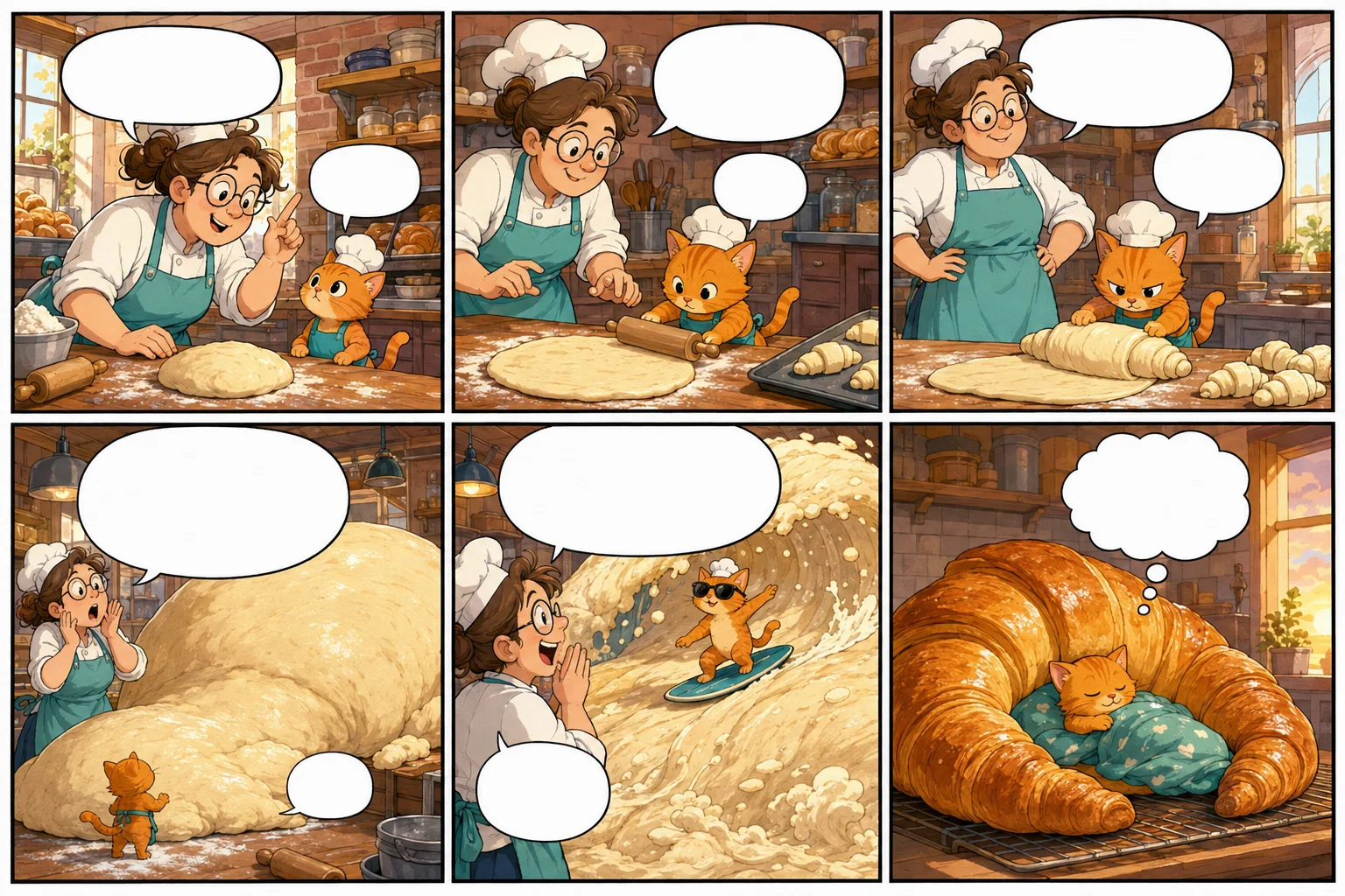 Six-panel Sunday comic: a baker teaches a determined orange cat to make croissants; the dough grows into a wave, and the cat finally naps inside an enormous finished pastry.