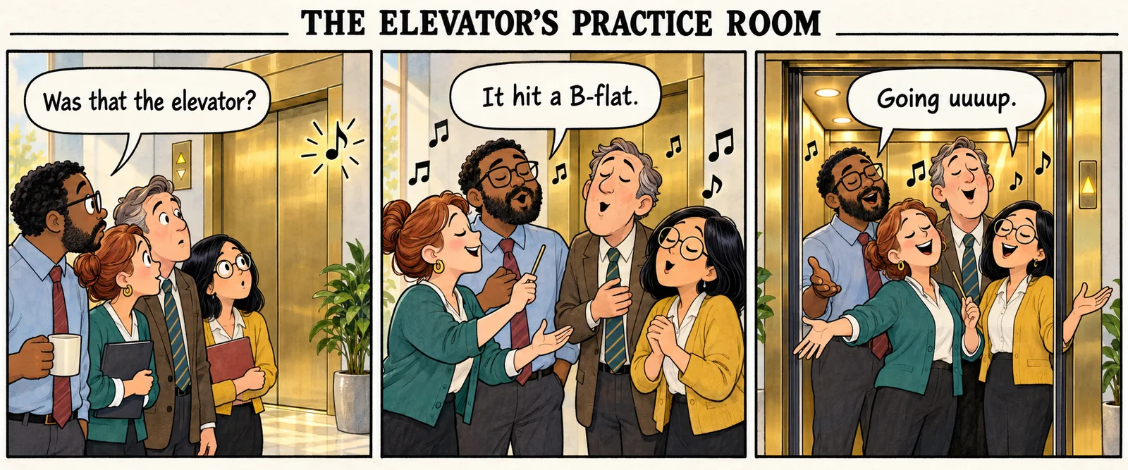 Three-panel comic of four office workers turning an elevator chime into a cheerful barbershop harmony