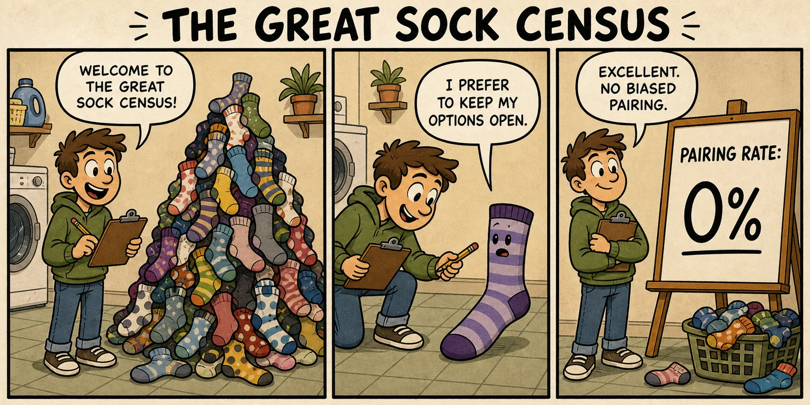 Three-panel original comic: a cheerful resident counts mismatched socks, interviews a striped sock, and celebrates a zero-percent pairing rate.