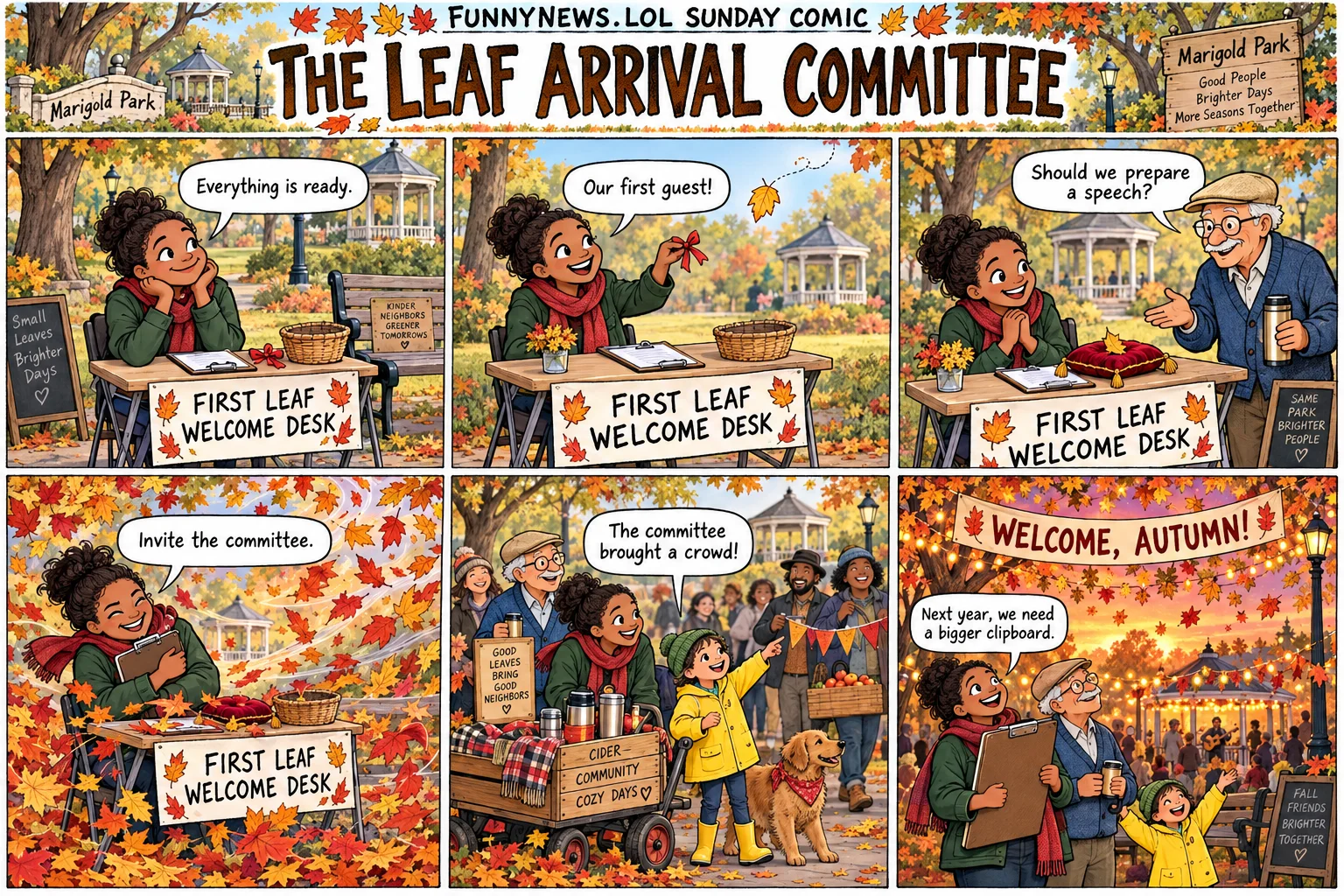 Six-panel Sunday comic: Lena welcomes one golden leaf at a park desk, then a swirl of autumn leaves inspires a glowing neighborhood celebration.