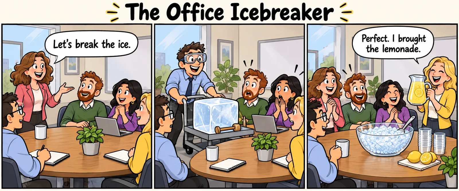 Three-panel fictional office comic: a team leader suggests breaking the ice, a coworker brings a block of ice, and the group makes lemonade.