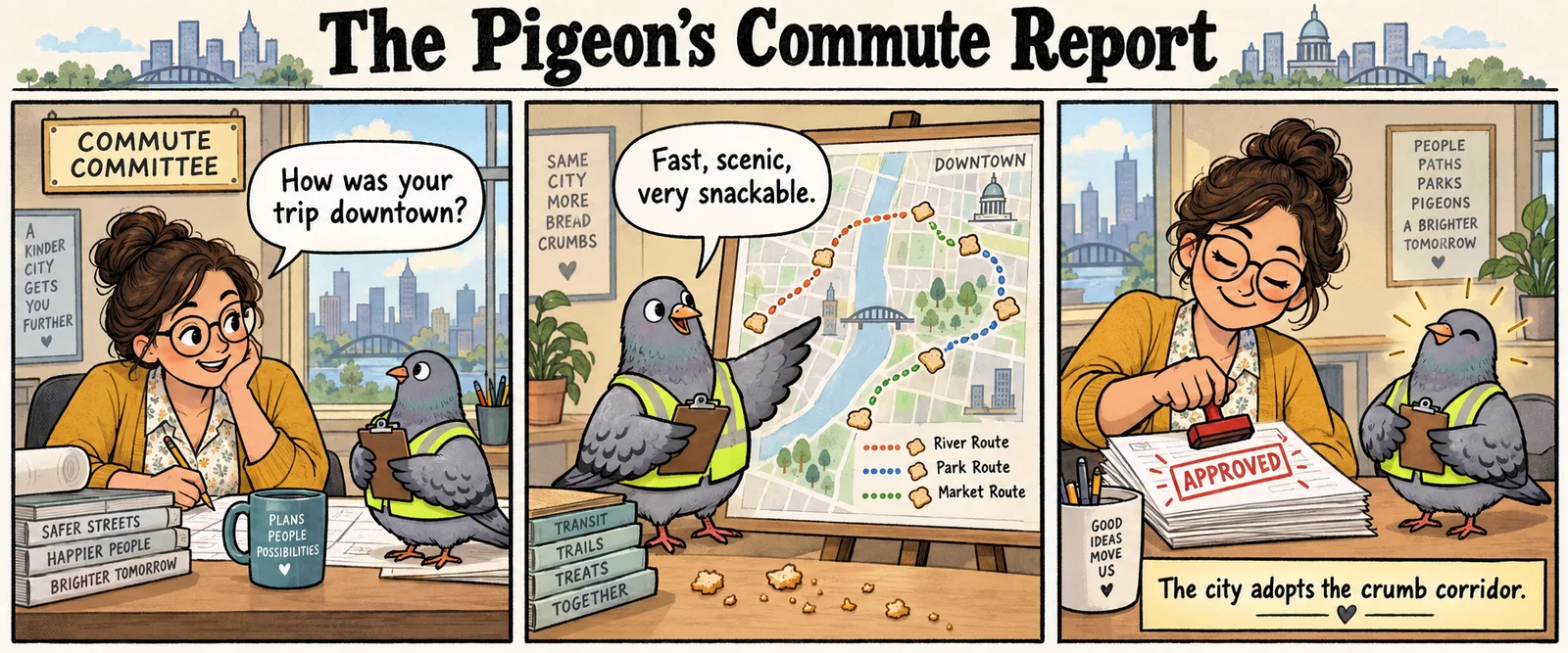 Three-panel original comic: a city planner asks a pigeon consultant about its downtown trip, then approves a breadcrumb transit route.