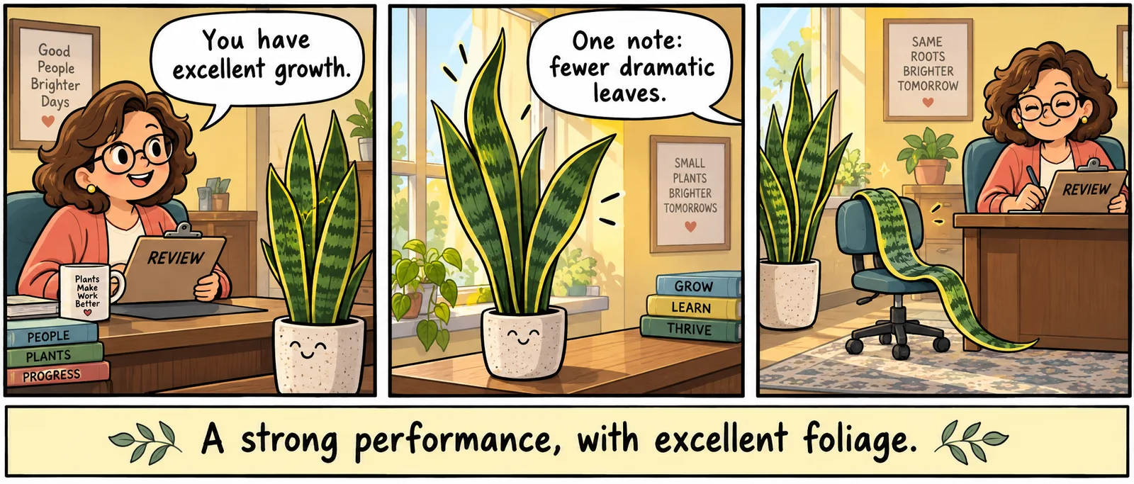 Three-panel original comic in a warm office. A manager tells a potted snake plant that it has excellent growth, then asks for fewer dramatic leaves; the final panel shows one leaf draped over an office chair while the manager writes on a review clipboard.