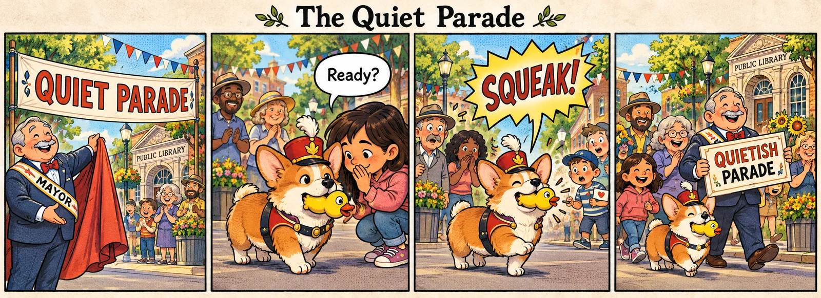 Four-panel Sunday comic: a corgi’s squeaky toy turns a quiet town parade into a cheerful Quietish Parade.