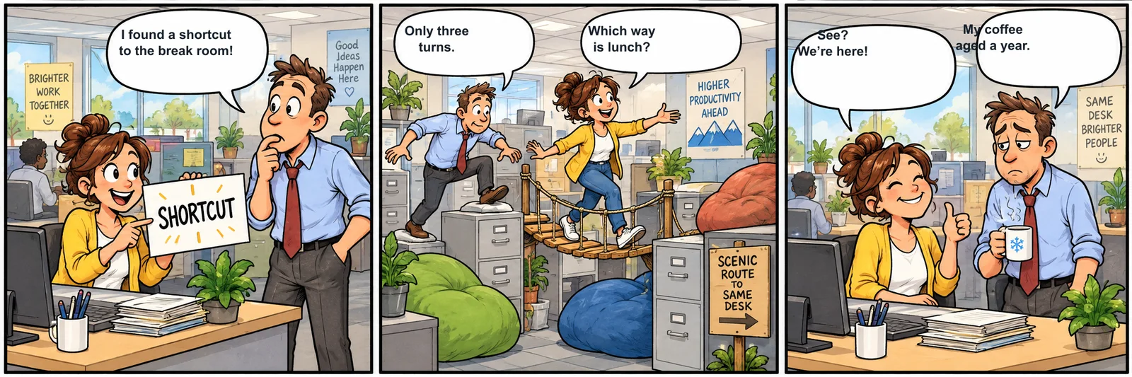 Three-panel office comic: a worker leads a coworker on a filing-cabinet trail to the break room, then they return beside the same desk with a cold coffee.