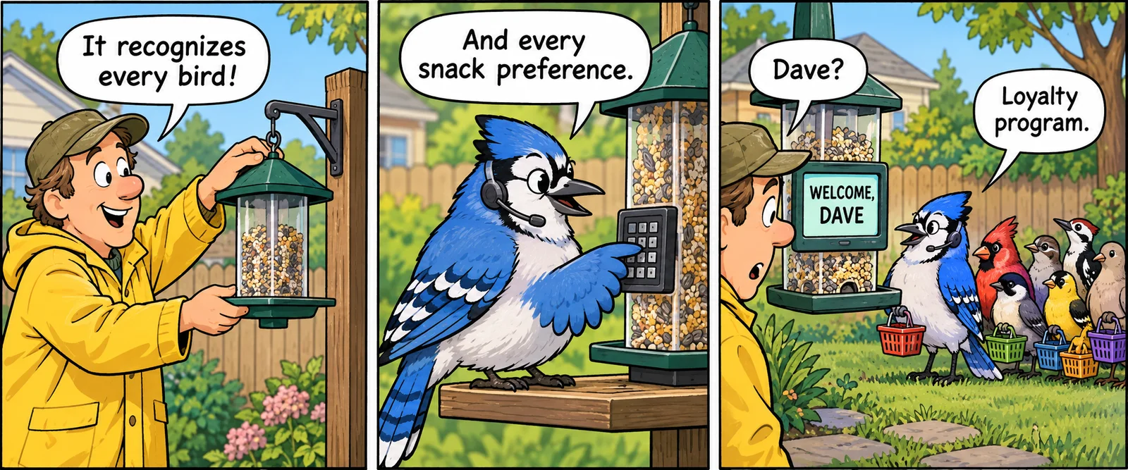 A three-panel comic in which a blue jay uses a smart bird feeder loyalty program while other birds line up with baskets.