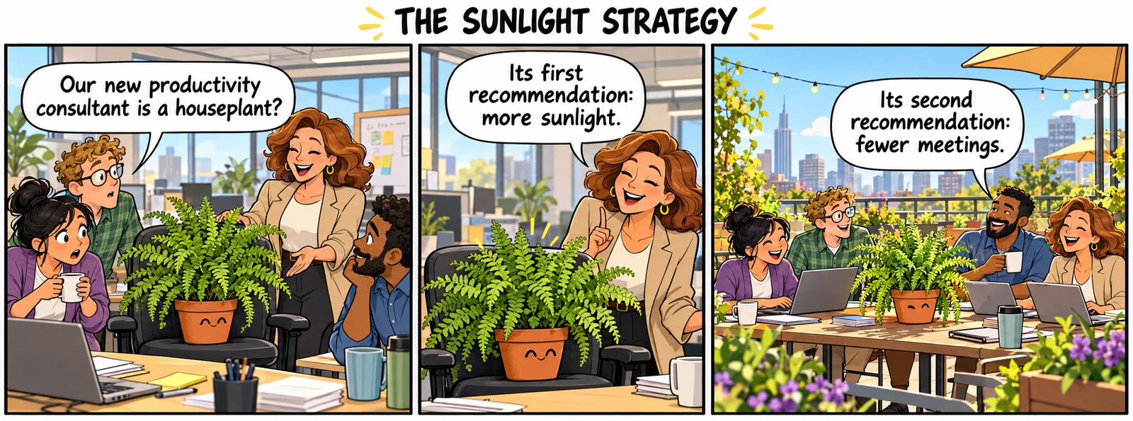 Three-panel color comic: office workers welcome a cheerful fern as a productivity consultant, then move their work to a sunny rooftop terrace after its recommendations.