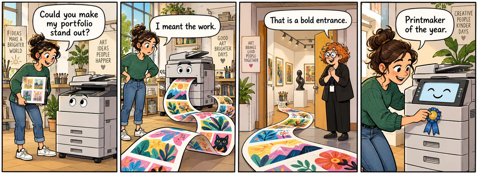 Four comic panels show an illustrator and copier creating a colorful paper trail into a gallery.