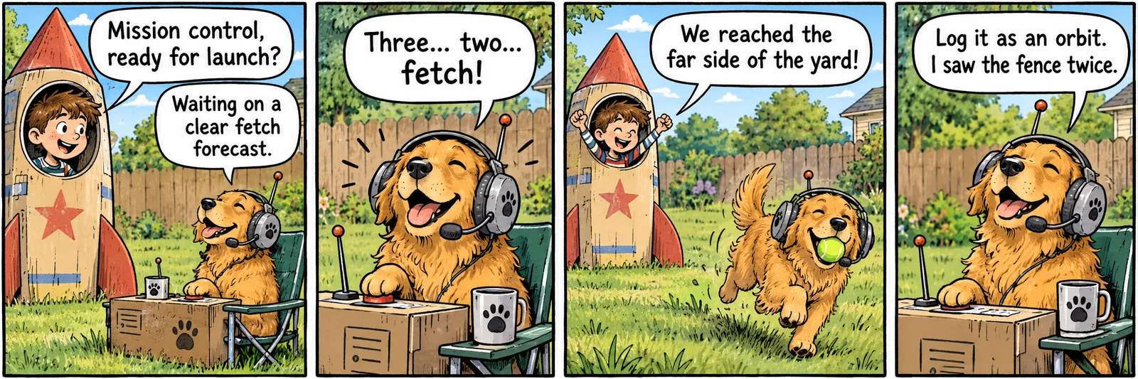 A four-panel backyard comic shows a child launching a cardboard rocket while a golden retriever turns a tennis-ball fetch into an orbit.