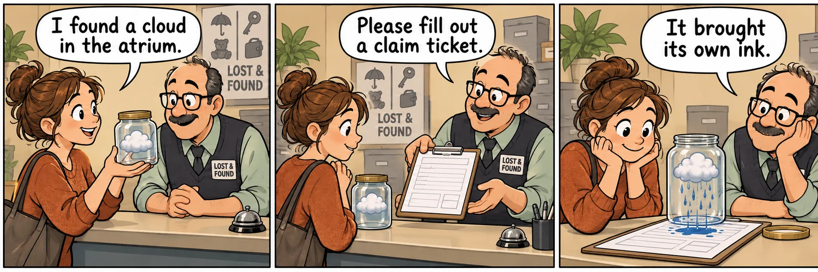 Three-panel comic of a receptionist bringing a small cloud in a jar to a lost-and-found clerk, where it rains blue ink onto a claim form.