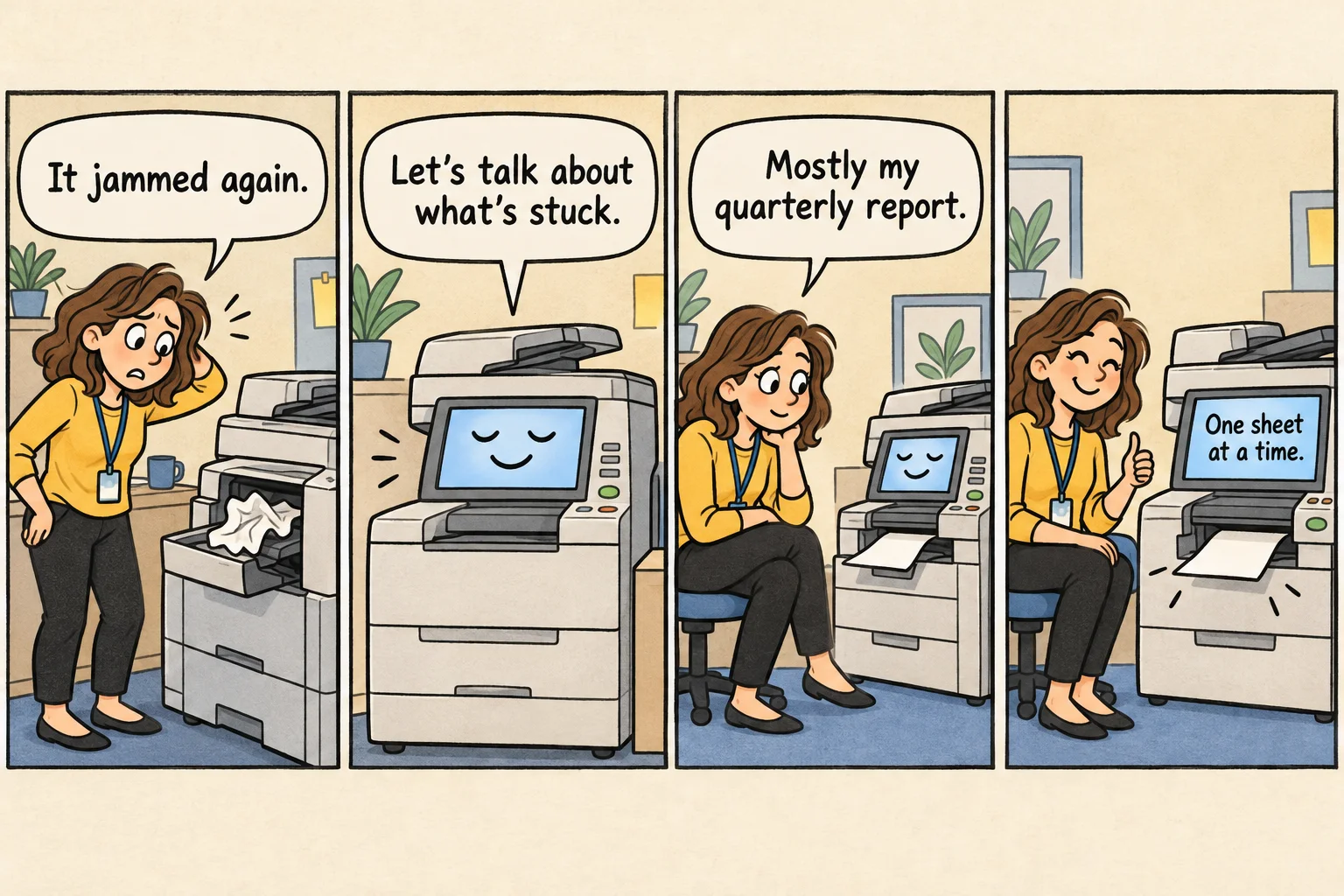 Four-panel comic: an office copier offers a calm counseling session about a paper jam while an employee admits the quarterly report is what feels stuck.