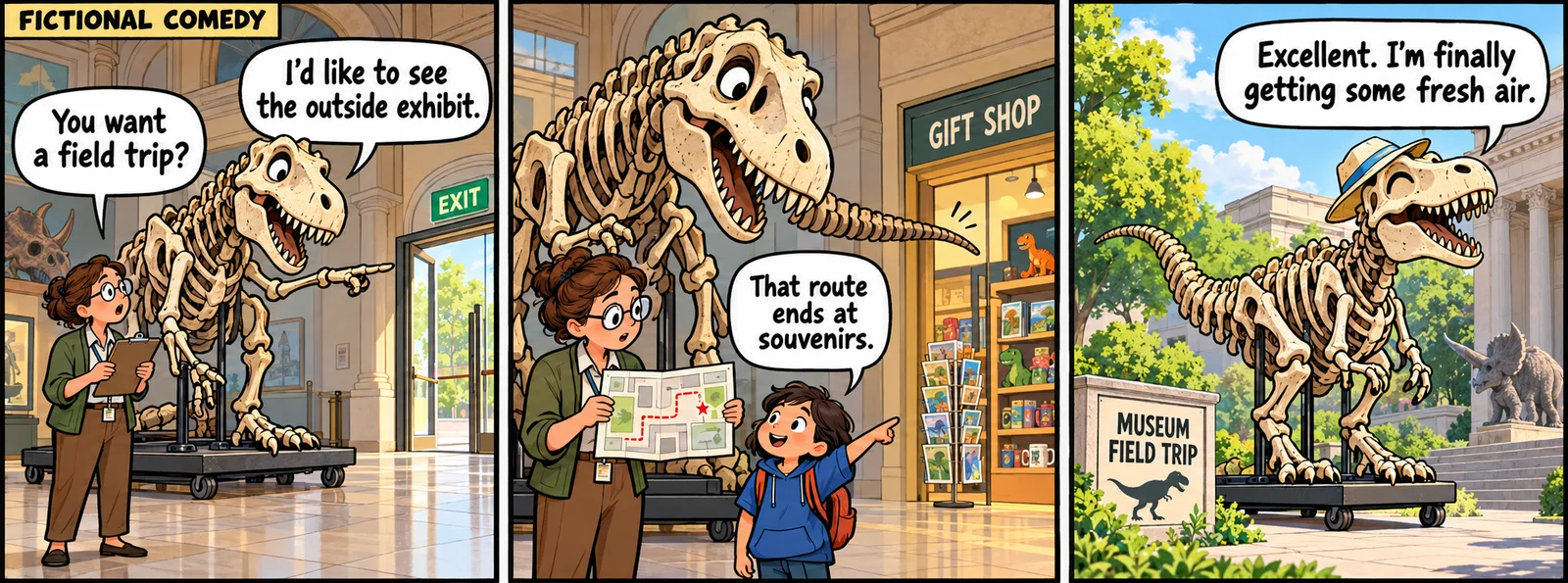 Three-panel comic: a friendly museum T. rex requests a field trip, a student notices the map ends at the gift shop, and the skeleton rolls into a sunny courtyard wearing a paper sunhat.