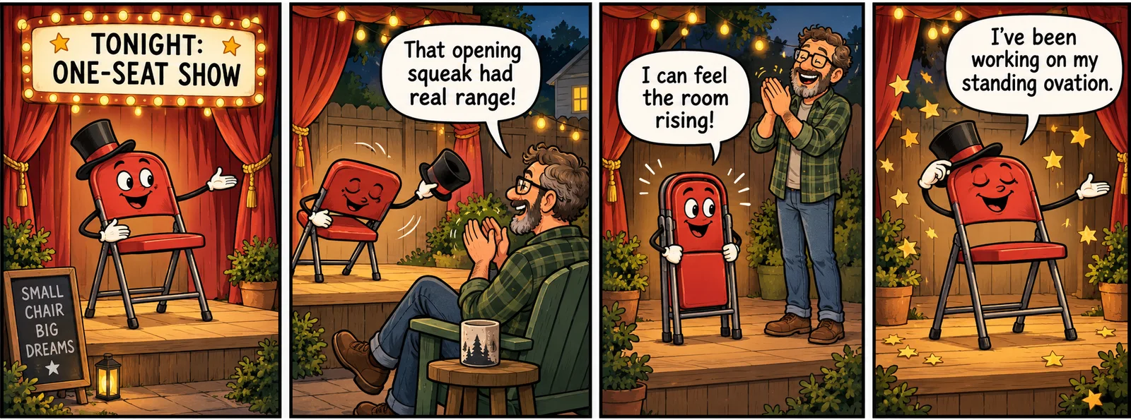 Editorial illustration: a red folding chair performs a four-panel backyard theater comic as one neighbor applauds.