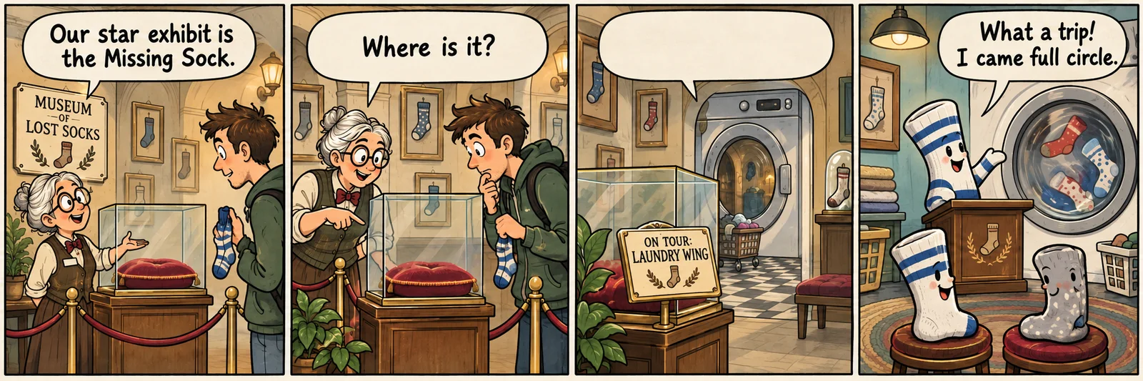 A four-panel original comic in which a visitor asks the curator of a tiny lost-sock museum where its star exhibit went. A placard points to the laundry wing, where a blue-striped sock returns from the spin cycle and says, “What a trip! I came full circle.”