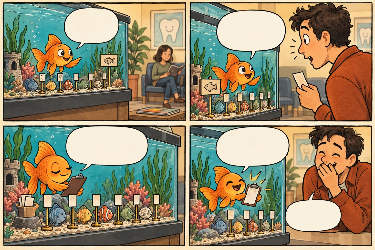 An orange goldfish runs an orderly appointment queue for fellow fish in a dentist waiting-room aquarium as a surprised patient checks a ticket.