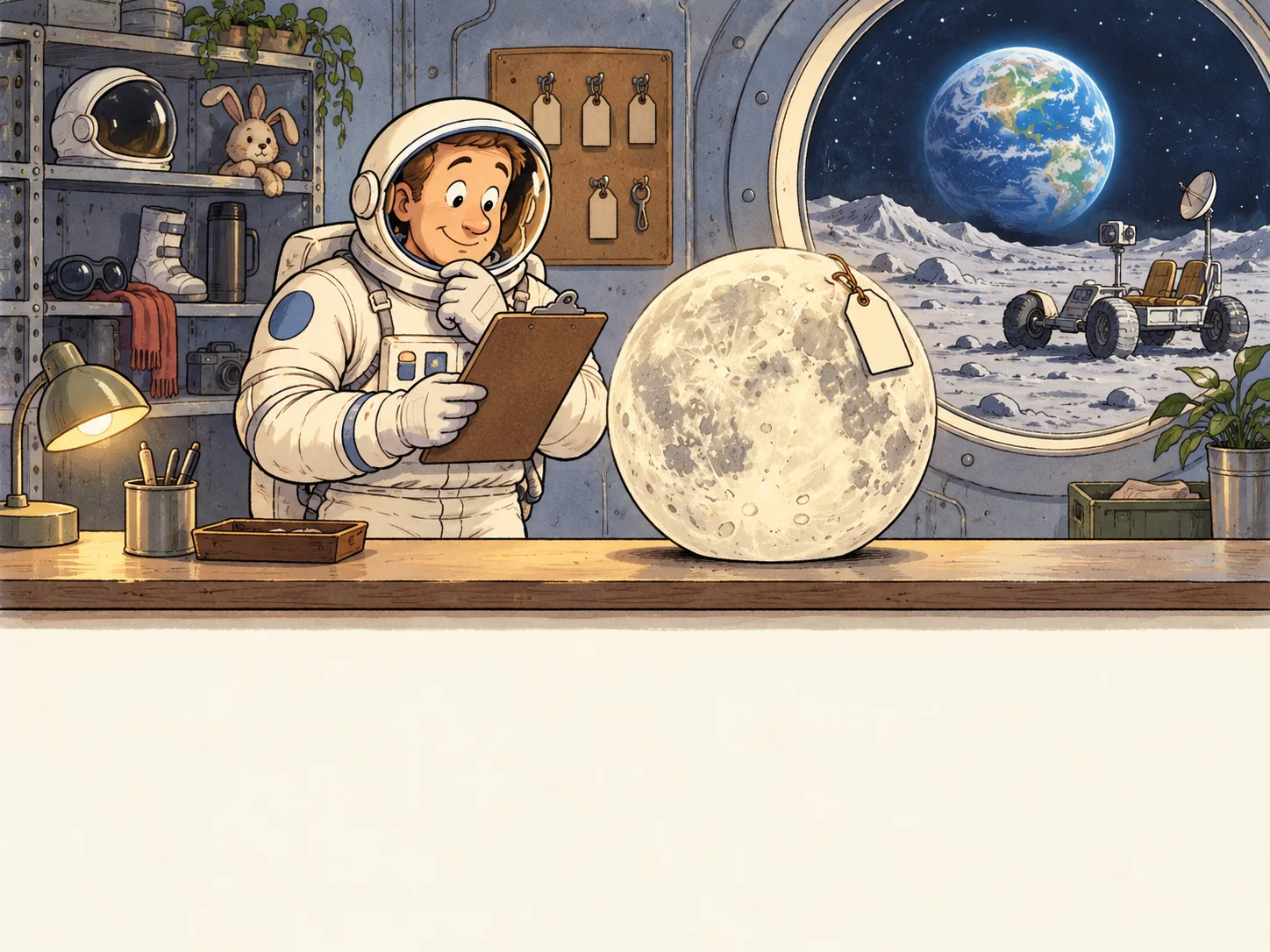 An astronaut at a lunar lost-and-found counter checks a clipboard beside a cratered moon tagged as an unclaimed item; Earth and a parked rover appear outside the window.